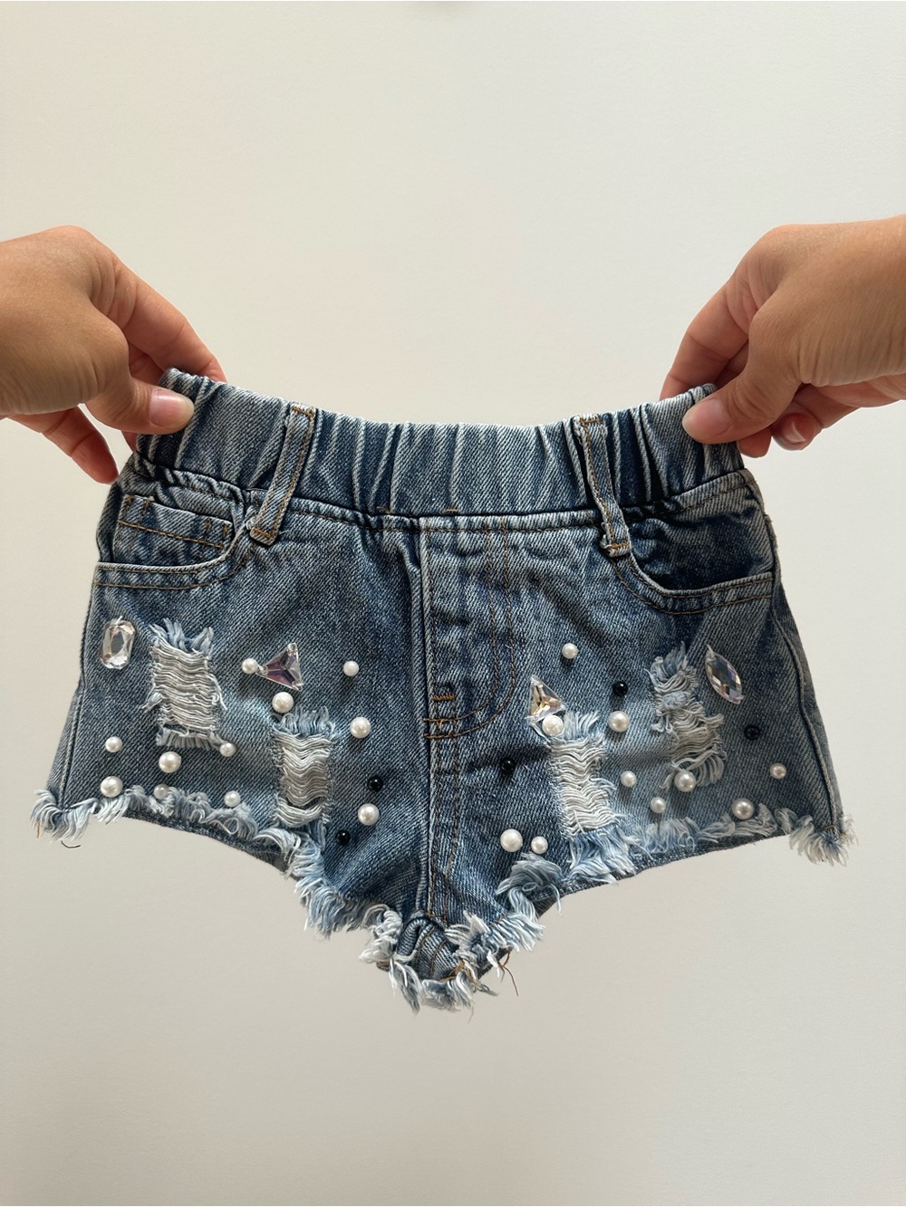 Lola + The Boys Distressed Blue Denim Shorts with Pearls & Rhinestones, 2T girl